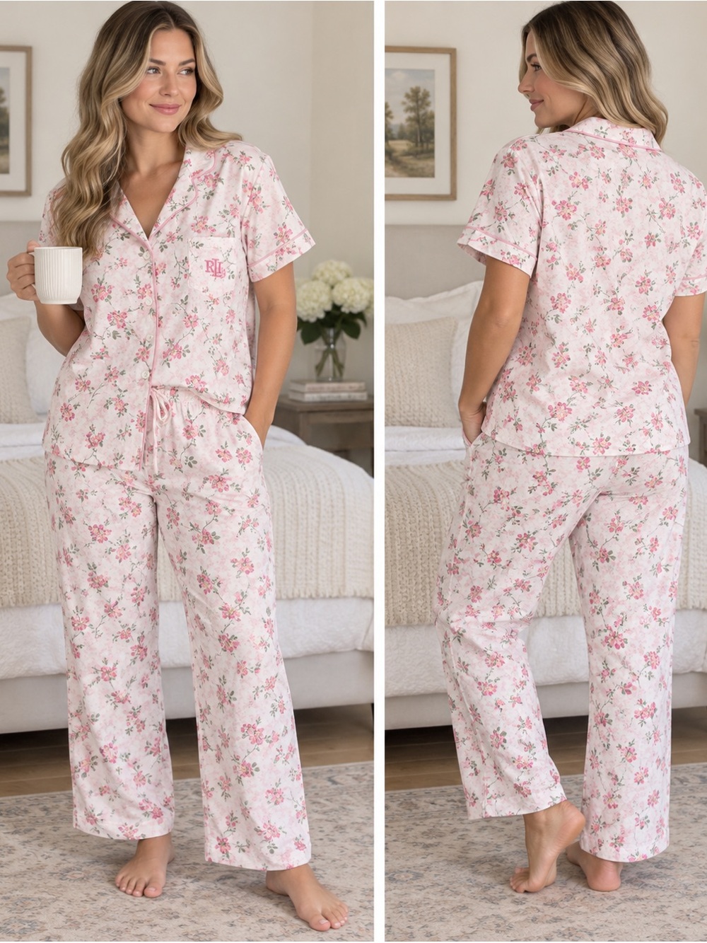 Lauren Ralph Lauren Pajama Set XL Pink Floral Cotton Viscose Button Up Monogram